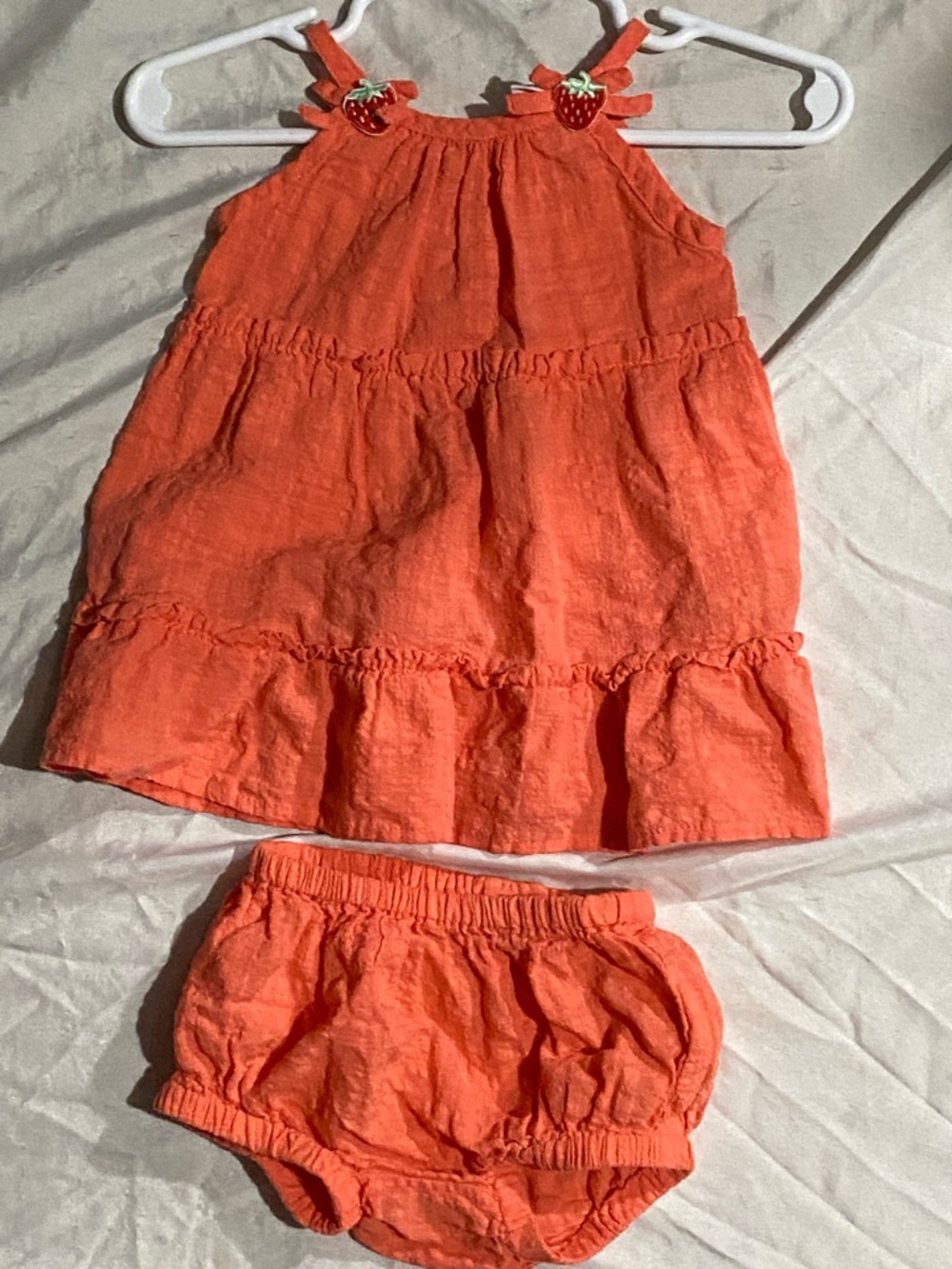 Orange Baby Dress with Strawberry Accent and Matching Bloomers 0-3 Months